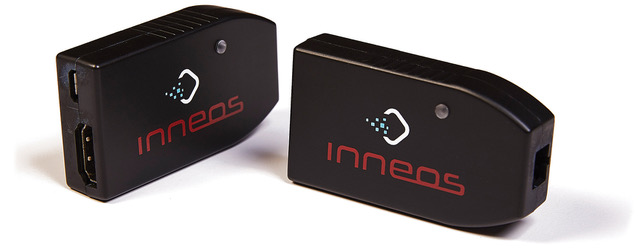 Two black optical hdmi extenders with the Inneos logo on them.