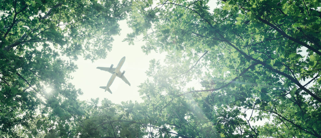 A plane flying in the sky against a background of green trees. Eco-friendly electric aircraft concept.