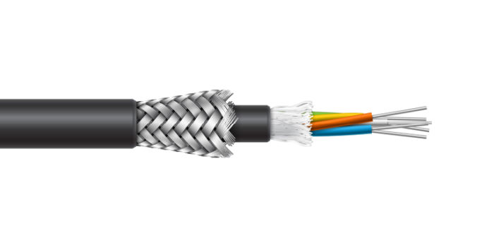 Fiber optic cable with braided armored shield structure isolated on white background.