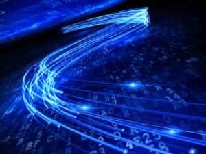 Rendering of blue light crossing over binary code.