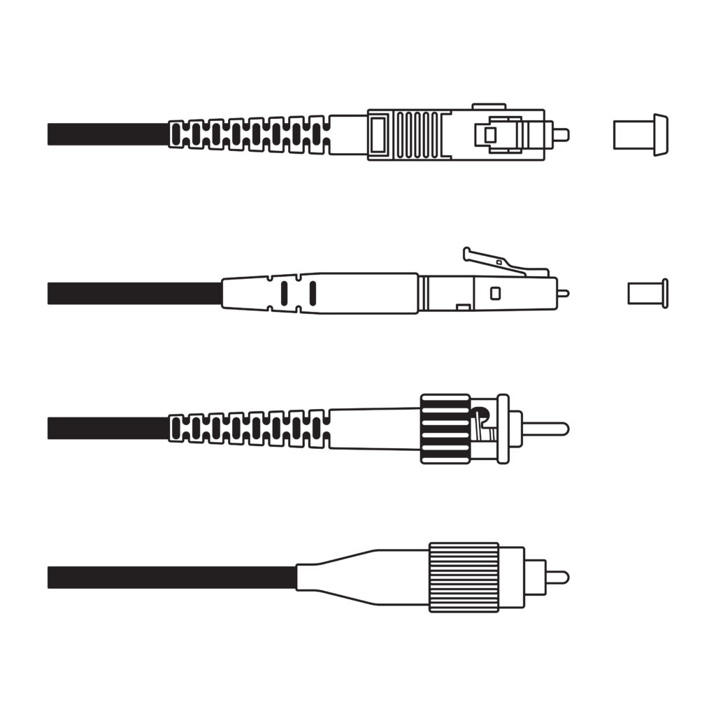 Black and white illustrations of SC, LC, ST, and FC optical connectors. 